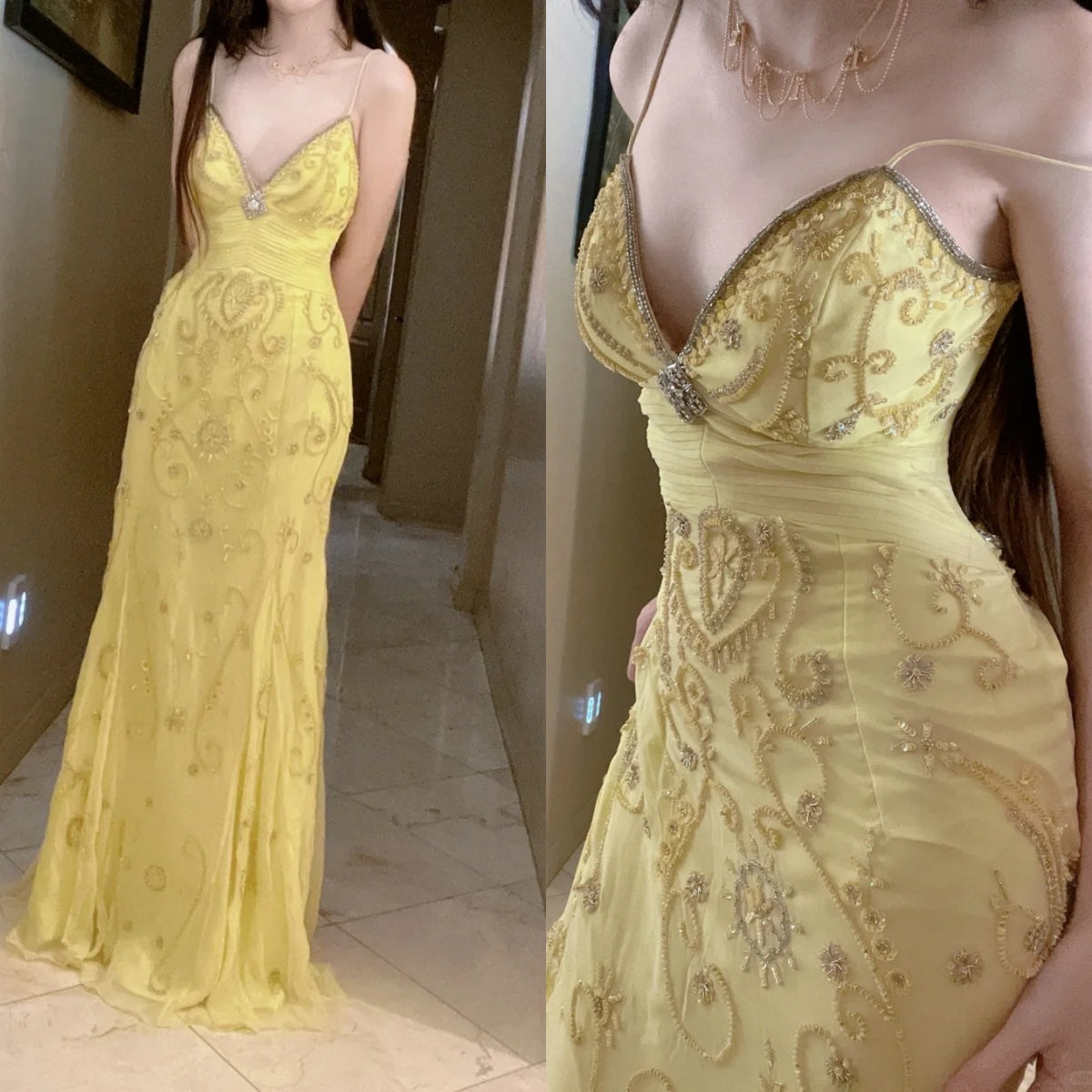 Gorgeous Butter Yellow Spaghetti Straps A-Line Tulle Beaded Long Classy Prom Dress Backless Classy Evening Gowns
