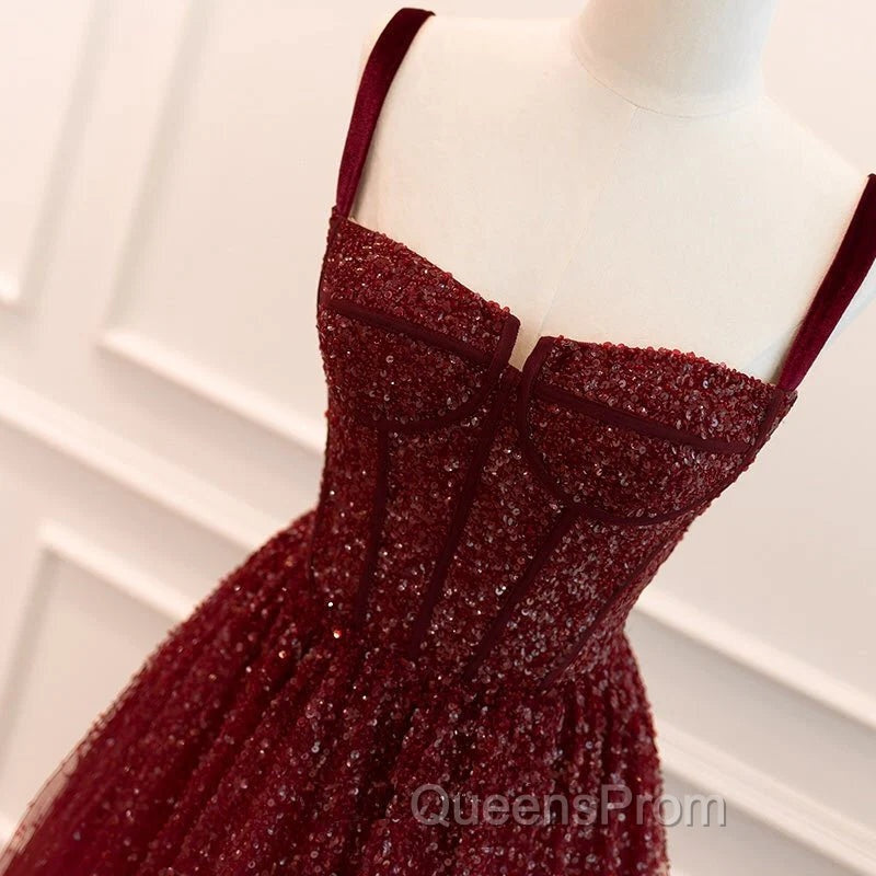 Gothic Burgundy Spaghetti Straps Sequins Beaded Evening Prom Dress Tulle Party Evening Dress Secondary image