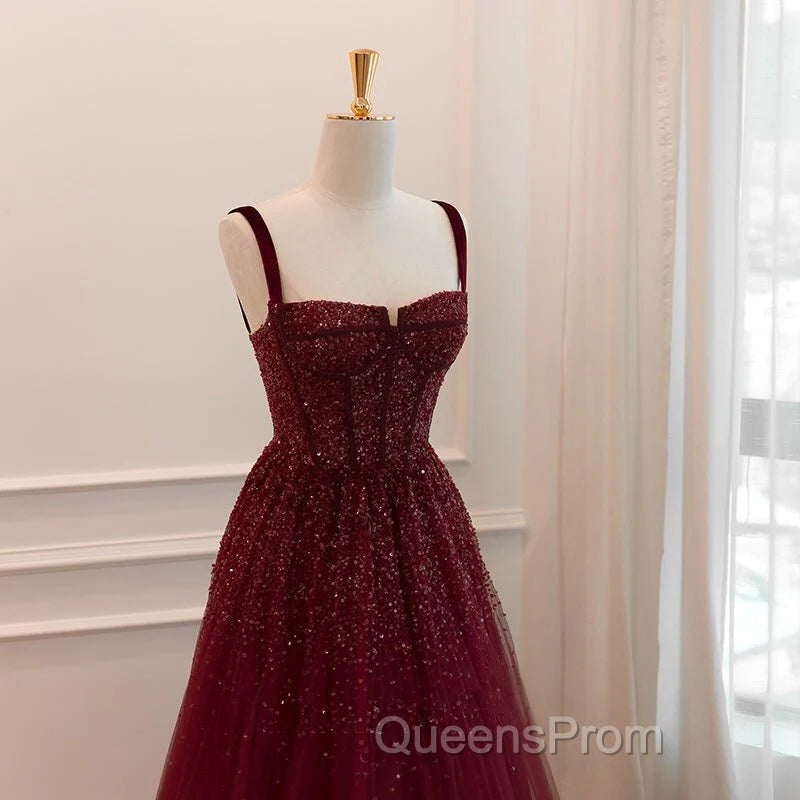 Gothic Burgundy Spaghetti Straps Sequins Beaded Evening Prom Dress Tulle Party Evening Dress