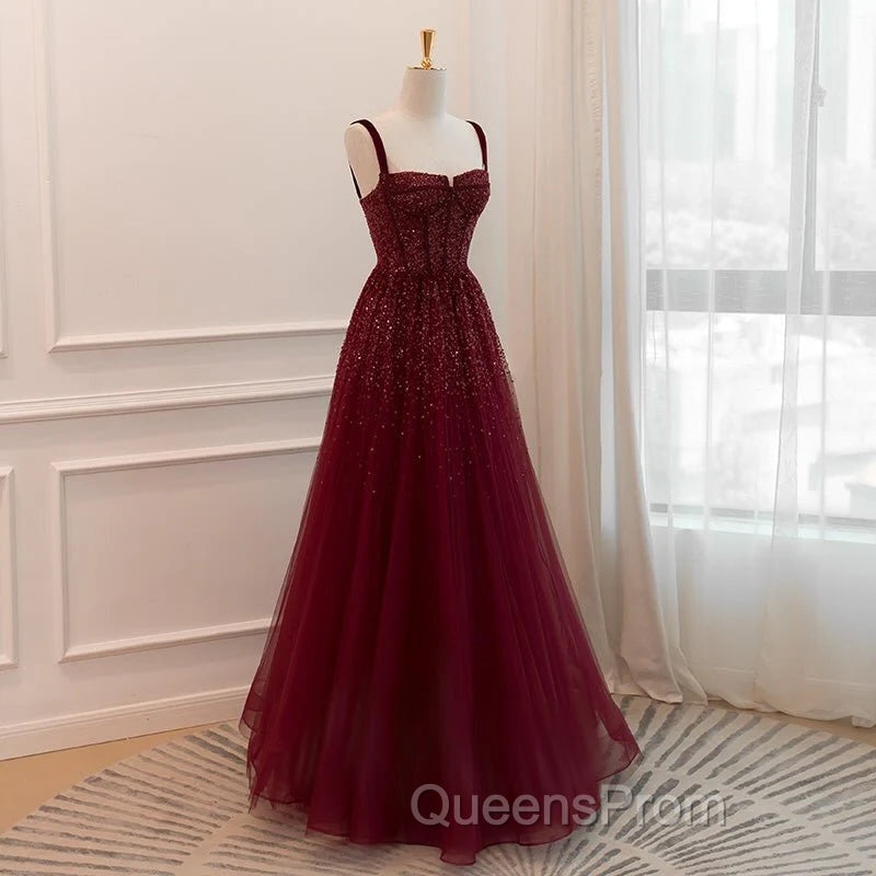 Gothic Burgundy Spaghetti Straps Sequins Beaded Evening Prom Dress Tulle Party Evening Dress