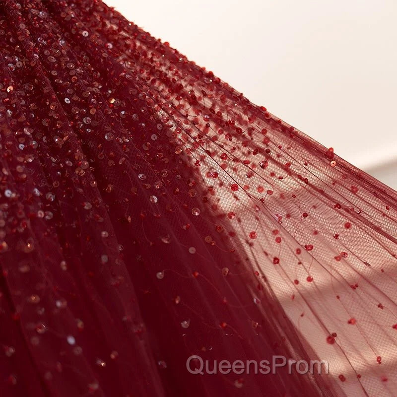 Gothic Burgundy Spaghetti Straps Sequins Beaded Evening Prom Dress Tulle Party Evening Dress