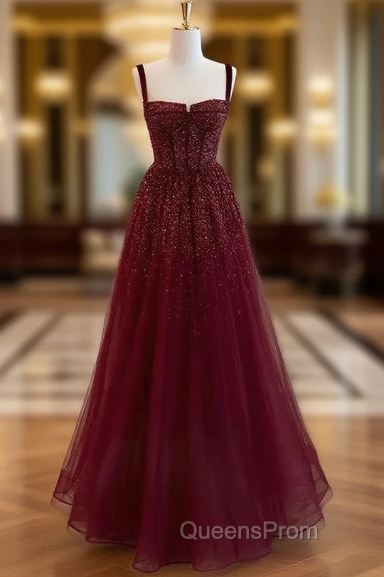 Gothic Burgundy Spaghetti Straps Sequins Beaded Evening Prom Dress Tulle Party Evening Dress Main image