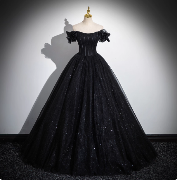 Gothic Court Black Off-The-Shoulder Shimmer Tulle Ball Gown Prom Dress Sweet 16 Dress Secondary image