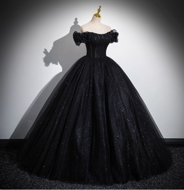 Gothic Court Black Off-The-Shoulder Shimmer Tulle Ball Gown Prom Dress Sweet 16 Dress