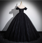 Gothic Court Black Off-The-Shoulder Shimmer Tulle Ball Gown Prom Dress Sweet 16 Dress