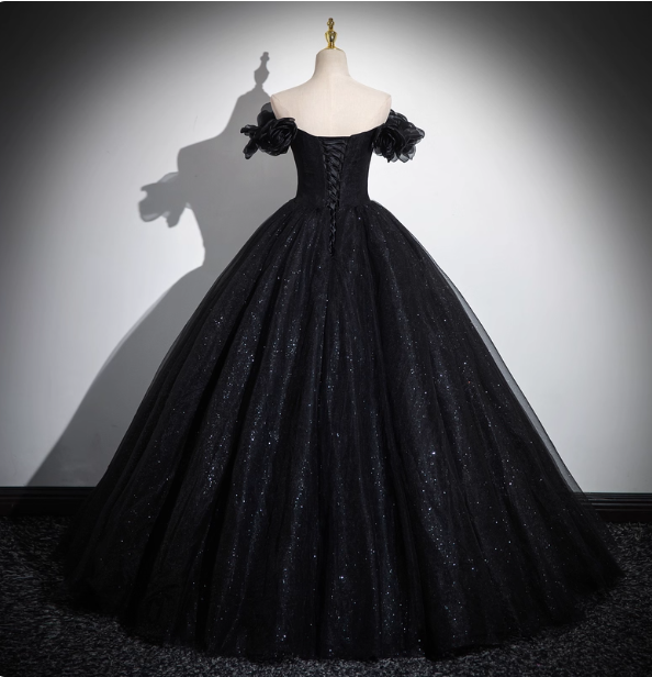 Gothic Court Black Off-The-Shoulder Shimmer Tulle Ball Gown Prom Dress Sweet 16 Dress