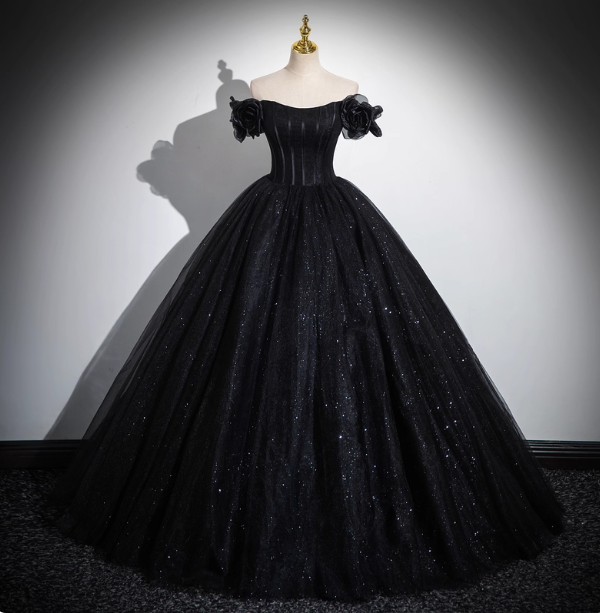 Gothic Court Black Off-The-Shoulder Shimmer Tulle Ball Gown Prom Dress Sweet 16 Dress