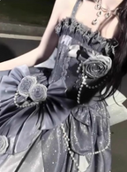 Gothic Sweet & Cool Silver Gray Spaghetti Strap 3D Floral Bow Sequined Satin Classy Prom Dress