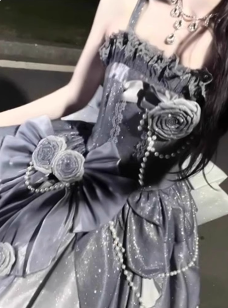 Gothic Sweet & Cool Silver Gray Spaghetti Strap 3D Floral Bow Sequined Satin Classy Prom Dress
