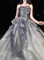 Gothic Sweet & Cool Silver Gray Spaghetti Strap 3D Floral Bow Sequined Satin Classy Prom Dress
