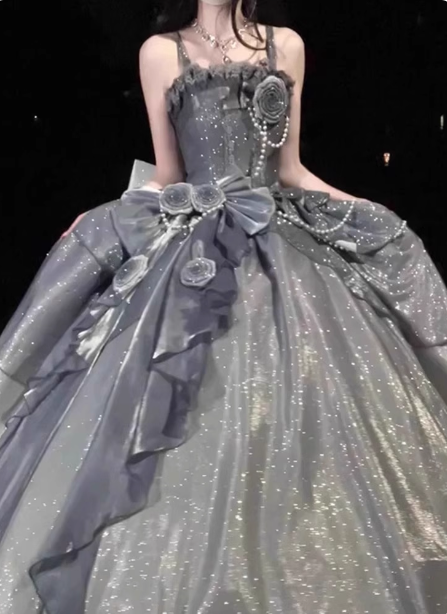 Gothic Sweet & Cool Silver Gray Spaghetti Strap 3D Floral Bow Sequined Satin Classy Prom Dress