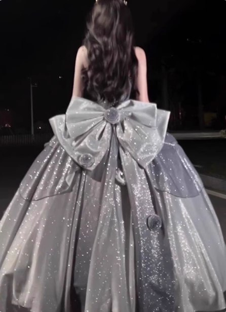 Gothic Sweet & Cool Silver Gray Spaghetti Strap 3D Floral Bow Sequined Satin Classy Prom Dress