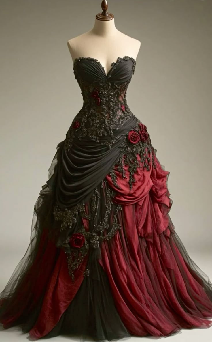 Gothic Victorian Wedding Dress, Pleated Floral Rose 3D Custom Black Burgundy Gown Secondary image