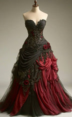 Gothic Victorian Wedding Dress, Pleated Floral Rose 3D Custom Black Burgundy Gown