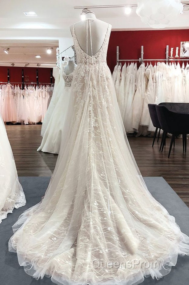 Graceful Long A-line Tulle V-neck Lace Backless Wedding Dress Secondary image
