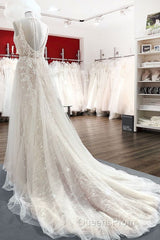 Graceful Long A-line Tulle V-neck Lace Backless Wedding Dress