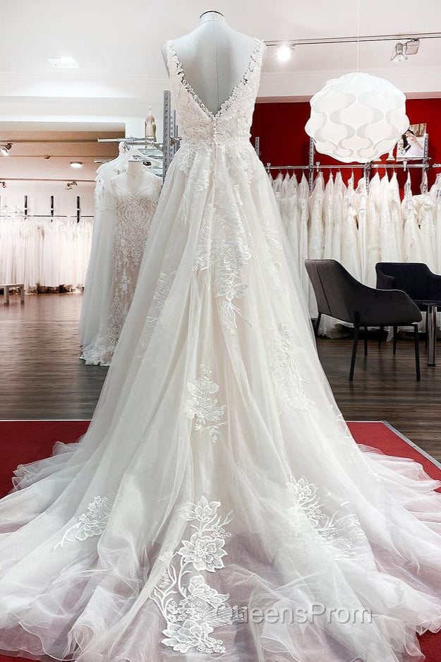 Graceful Long A-line Tulle V Neck Lace Open Back Wedding Dress Secondary image