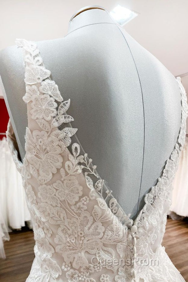 Graceful Long A-line Tulle V Neck Lace Open Back Wedding Dress