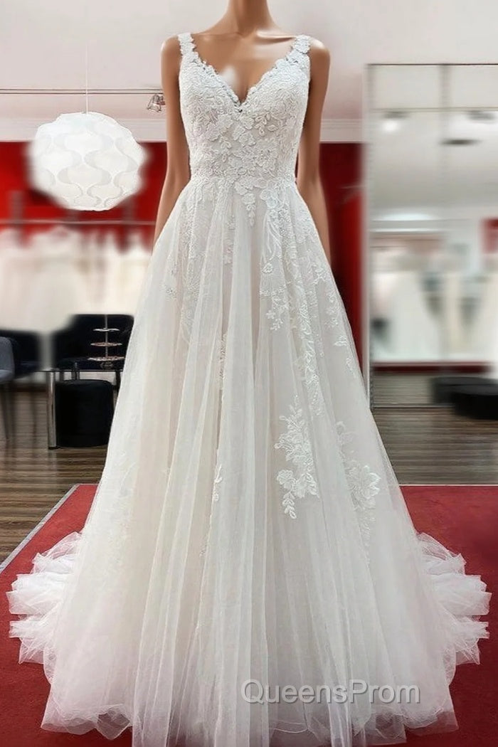 Graceful Long A-line Tulle V Neck Lace Open Back Wedding Dress Main image