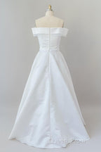 Graceful Long Ball Gown Off Shoulder Satin Wedding Dress