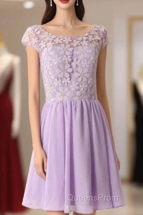Graceful Purple Lace Round Neckline Short Evening Prom Dress Purple Bridesmaid Dress Graduation Dress