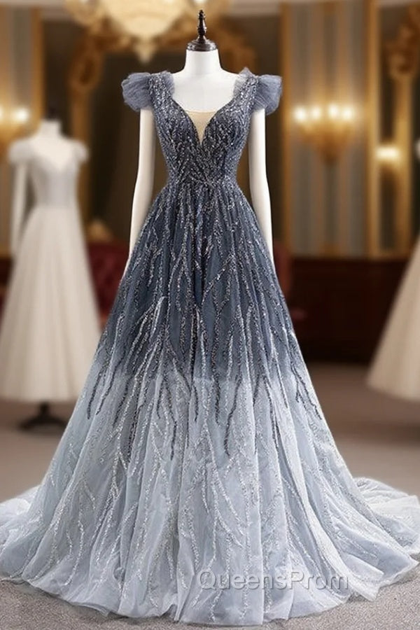 Gradation Gray Tulle V-neck Beading Evening Prom Dress