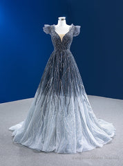 Gradation Gray Tulle V-neck Beading Prom Dress