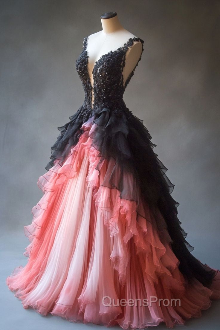 Gradient A-Line Tulle Lace Deep V Neck Long Evening Prom Dress, Layered Beaded Evening Dress Secondary image