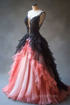 Gradient A-Line Tulle Lace Deep V Neck Long Evening Prom Dress, Layered Beaded Evening Dress