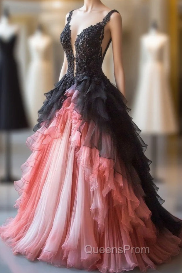 Gradient A-Line Tulle Lace Deep V Neck Long Evening Prom Dress, Layered Beaded Evening Dress