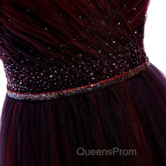 Gradient Beaded Wine Red Tulle Long Party Dress, A-line Wine Red Evening Prom Evening Dress