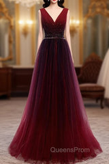 Gradient Beaded Wine Red Tulle Long Party Dress, A-line Wine Red Evening Prom Evening Dress