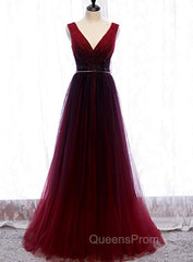 Gradient Beaded Wine Red Tulle Long Party Dress, A-line Wine Red Evening Prom Evening Dress