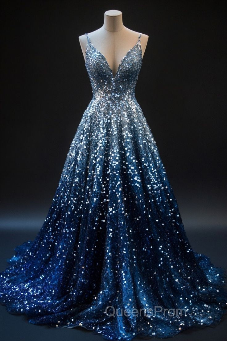 Gradient Blue A-Line Spaghetti Straps Sequins Long Evening Prom Dress V-Neck Evening Gown Secondary image