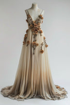 Gradient Champagne V-Neck Chiffon A-Line Evening Prom Dress Three-Dimensional Rose Simple Wedding Dress