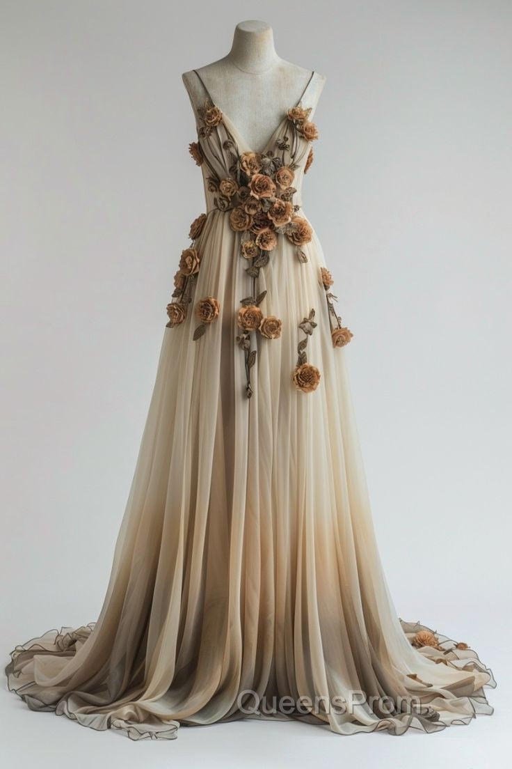 Gradient Champagne V-Neck Chiffon A-Line Evening Prom Dress Three-Dimensional Rose Simple Wedding Dress