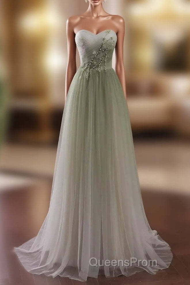 Gradient Light Green Beaded Tulle A-line Party Dress Long Junior Evening Prom Dress Evening Prom Dress shops Main image