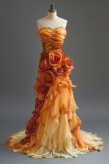 Gradient Orange Mermaid Sweetheart Neck Beaded Long Evening Prom Dress Layered Lace Applique Wedding Dress Evening Dressed01634