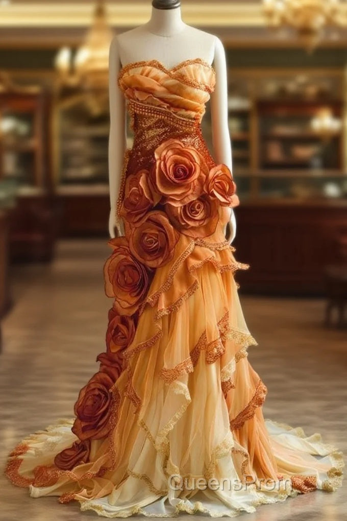 Gradient Orange Mermaid Sweetheart Neck Beaded Long Evening Prom Dress Layered Lace Applique Wedding Dress Evening Dressed01634 Main image