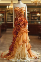 Gradient Orange Mermaid Sweetheart Neck Beaded Long Evening Prom Dress Layered Lace Applique Wedding Dress Evening Dressed01634