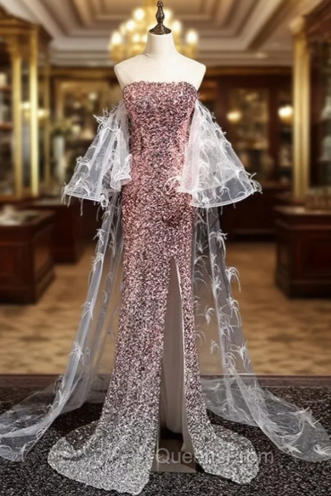 Gradient Pink Sequins Strapless Feather Evening Prom Dress Main image