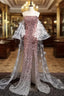 Gradient Pink Sequins Strapless Feather Evening Prom Dress