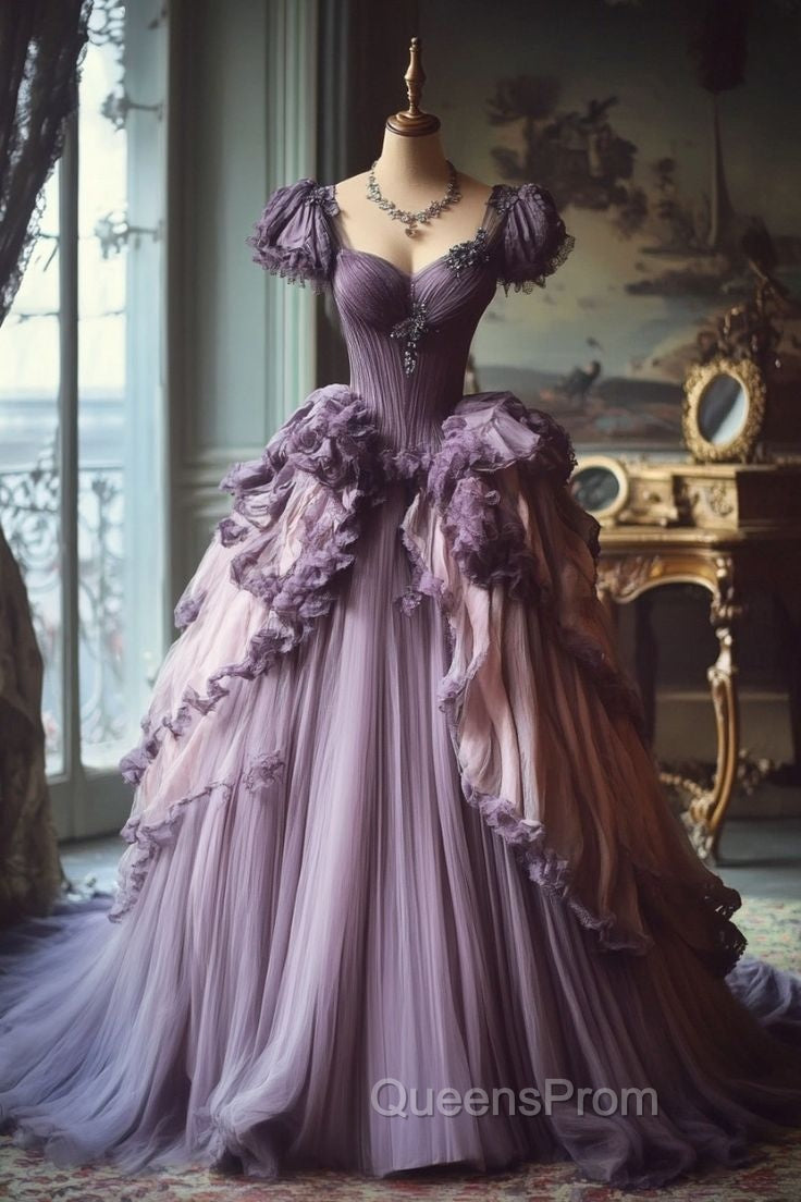 Gradient Purple A-Line Sweetheart Neck Tulle Lace Vintage Long Evening Prom Dress Secondary image