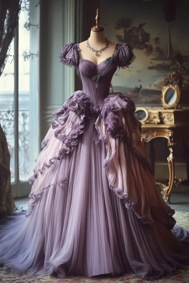 Gradient Purple A-Line Sweetheart Neck Tulle Lace Vintage Long Classy Prom Dress Main image
