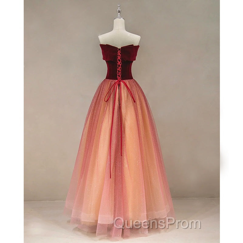 Gradient Red Tulle with Velvet Long Party Dress, Cute Floor Length Evening Dress Secondary image