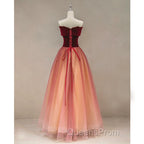 Gradient Red Tulle with Velvet Long Party Dress, Cute Floor Length Evening Dress