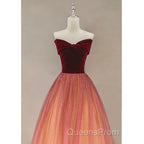 Gradient Red Tulle with Velvet Long Party Dress, Cute Floor Length Evening Dress
