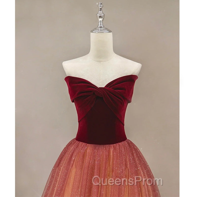 Gradient Red Tulle with Velvet Long Party Dress, Cute Floor Length Evening Dress