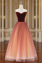 Gradient Red Tulle with Velvet Long Party Dress, Cute Floor Length Evening Dress