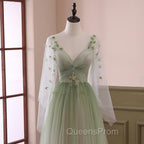 Gradient Tulle Green Beaded Long Sleeves Party Dress, Green Evening Dress